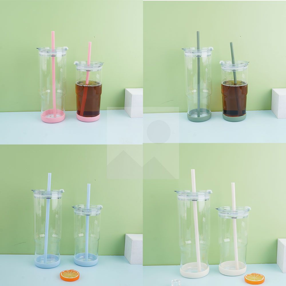 23oz 32oz glass bottle with enlarged handle wear-resistant non-slip bottom, custom made with plastic straw