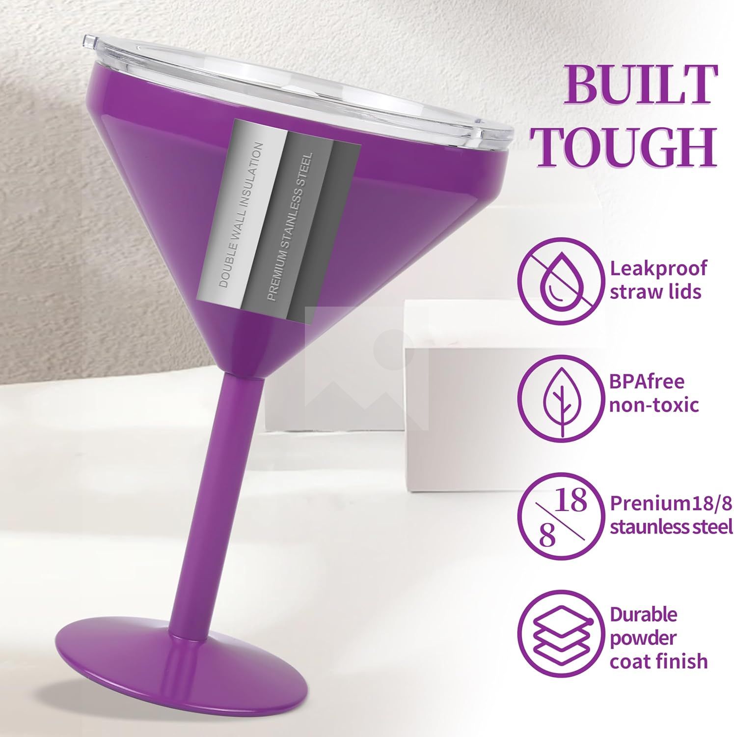 Stainless steel Martini glass Vacuum insulated Martini glass with lid Double Martini mug suitable for cold drinks ice cream juice and margaritas
