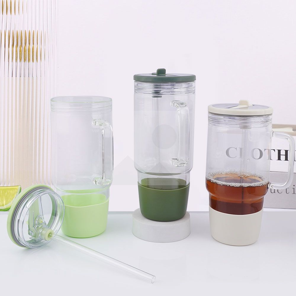 40oz 32oz water bottle glass Insulation with plastic straw Gift Tumbler cup Travel cup leakproof cover 100% non-slip silicone base