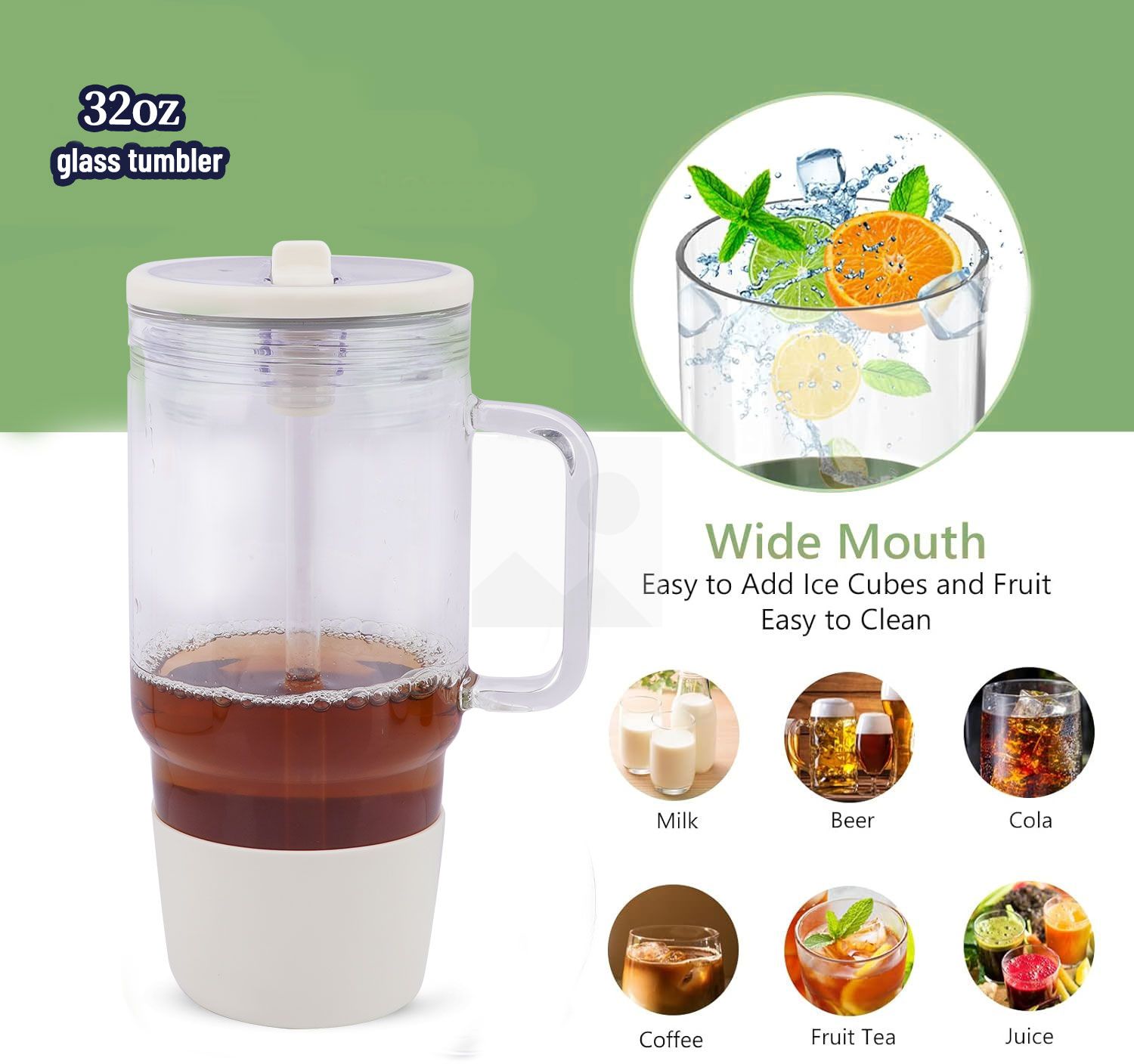40oz 32oz water bottle glass Insulation with plastic straw Gift Tumbler cup Travel cup leakproof cover 100% non-slip silicone base