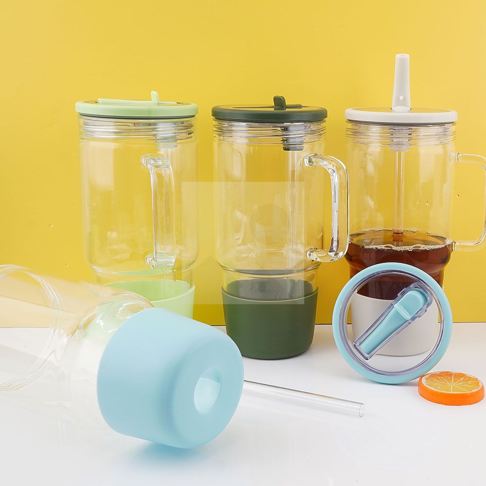 40oz 32oz water bottle glass Insulation with plastic straw Gift Tumbler cup Travel cup leakproof cover 100% non-slip silicone base