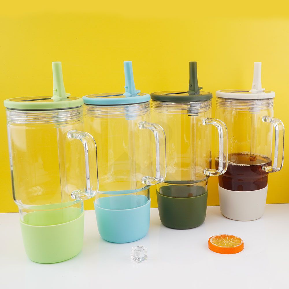 40oz 32oz water bottle glass Insulation with plastic straw Gift Tumbler cup Travel cup leakproof cover 100% non-slip silicone base