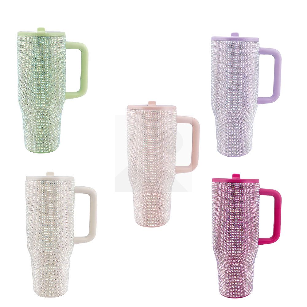 40 Oz Rhinestone Bling Tumbler Cup  with Handle and Straw, Stainless Steel and Double-Wall Insulated; Games, Sports, Competition, Practice, Work; Great for Coaches, Gifts