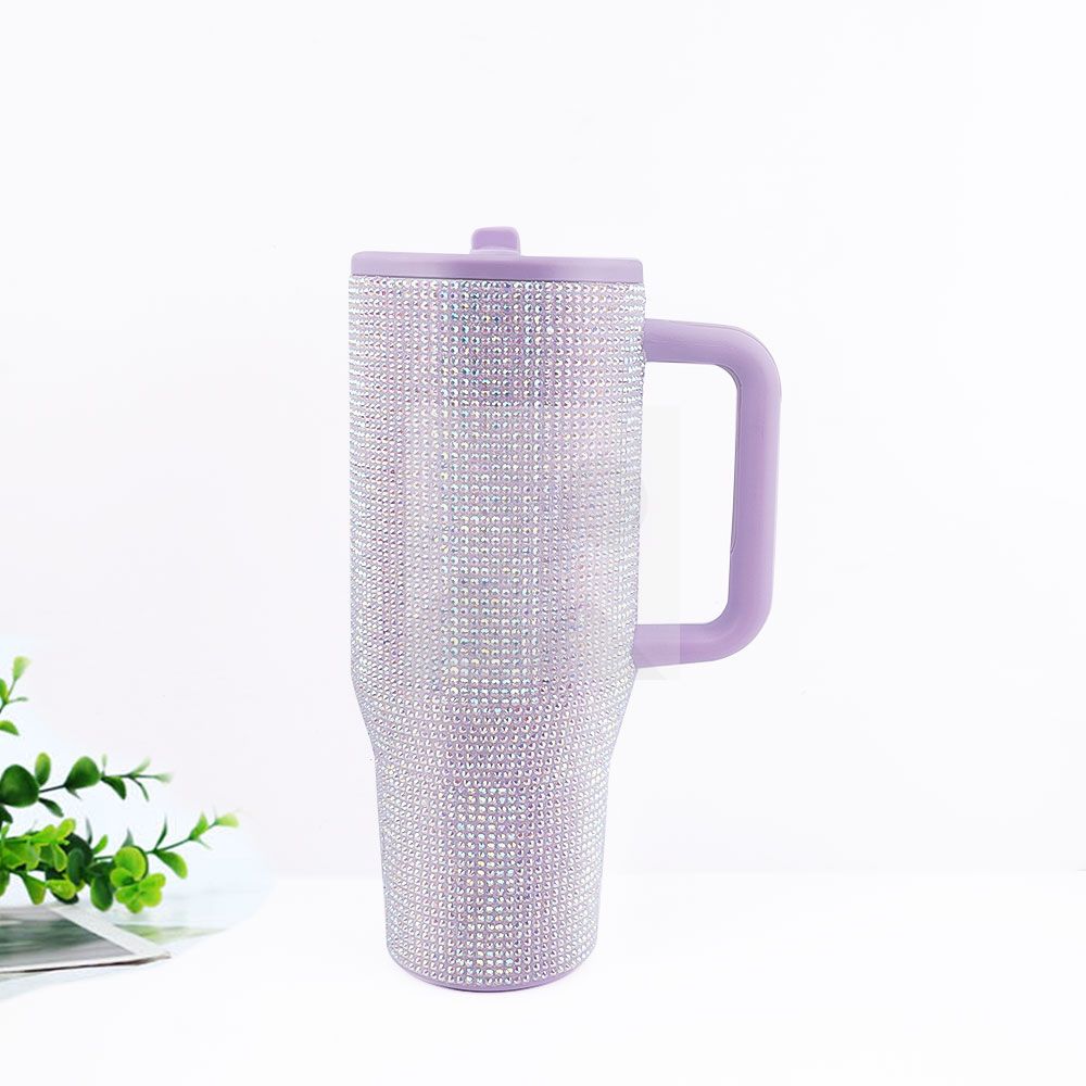 40 Oz Rhinestone Bling Tumbler Cup  with Handle and Straw, Stainless Steel and Double-Wall Insulated; Games, Sports, Competition, Practice, Work; Great for Coaches, Gifts