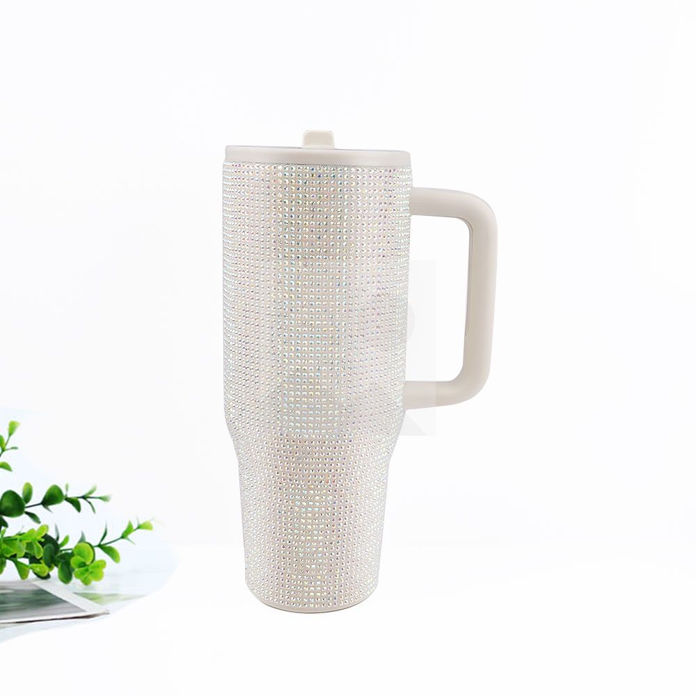 40 Oz Rhinestone Bling Tumbler Cup  with Handle and Straw, Stainless Steel and Double-Wall Insulated; Games, Sports, Competition, Practice, Work; Great for Coaches, Gifts