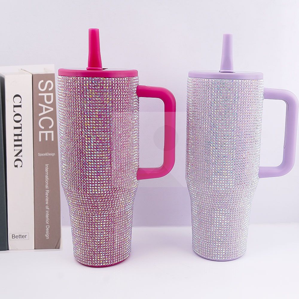 40 Oz Rhinestone Bling Tumbler Cup  with Handle and Straw, Stainless Steel and Double-Wall Insulated; Games, Sports, Competition, Practice, Work; Great for Coaches, Gifts
