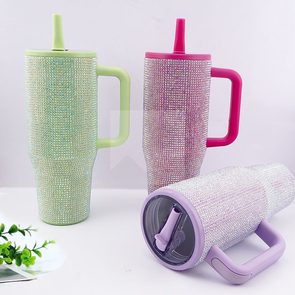40 Oz Rhinestone Bling Tumbler Cup  with Handle and Straw, Stainless Steel and Double-Wall Insulated; Games, Sports, Competition, Practice, Work; Great for Coaches, Gifts