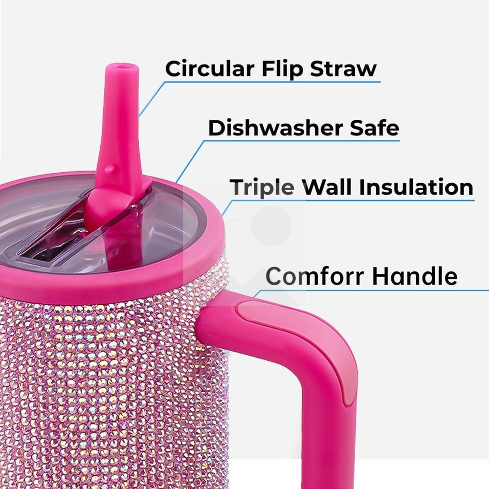 40 Oz Rhinestone Bling Tumbler Cup  with Handle and Straw, Stainless Steel and Double-Wall Insulated; Games, Sports, Competition, Practice, Work; Great for Coaches, Gifts