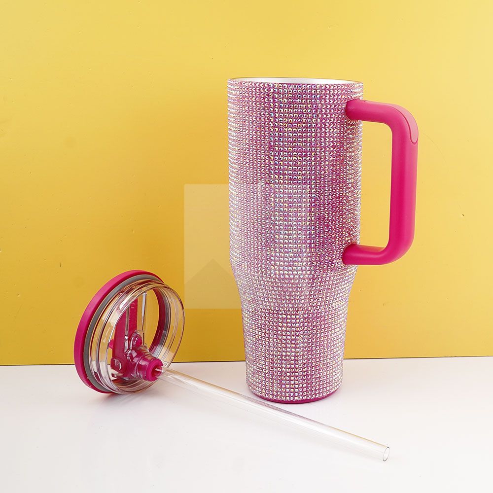40 Oz Rhinestone Bling Tumbler Cup  with Handle and Straw, Stainless Steel and Double-Wall Insulated; Games, Sports, Competition, Practice, Work; Great for Coaches, Gifts