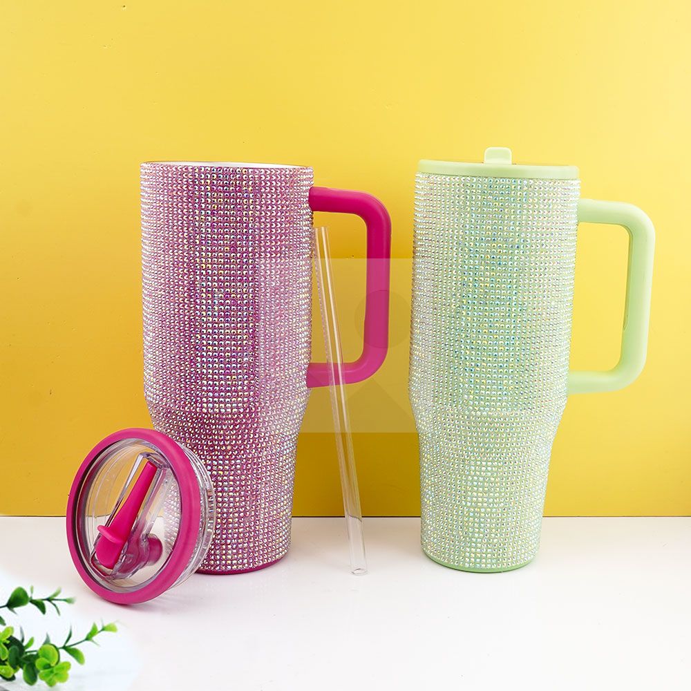40 Oz Rhinestone Bling Tumbler Cup  with Handle and Straw, Stainless Steel and Double-Wall Insulated; Games, Sports, Competition, Practice, Work; Great for Coaches, Gifts