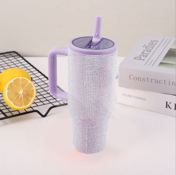 40 Oz Rhinestone Bling Tumbler Cup  with Handle and Straw, Stainless Steel and Double-Wall Insulated; Games, Sports, Competition, Practice, Work; Great for Coaches, Gifts