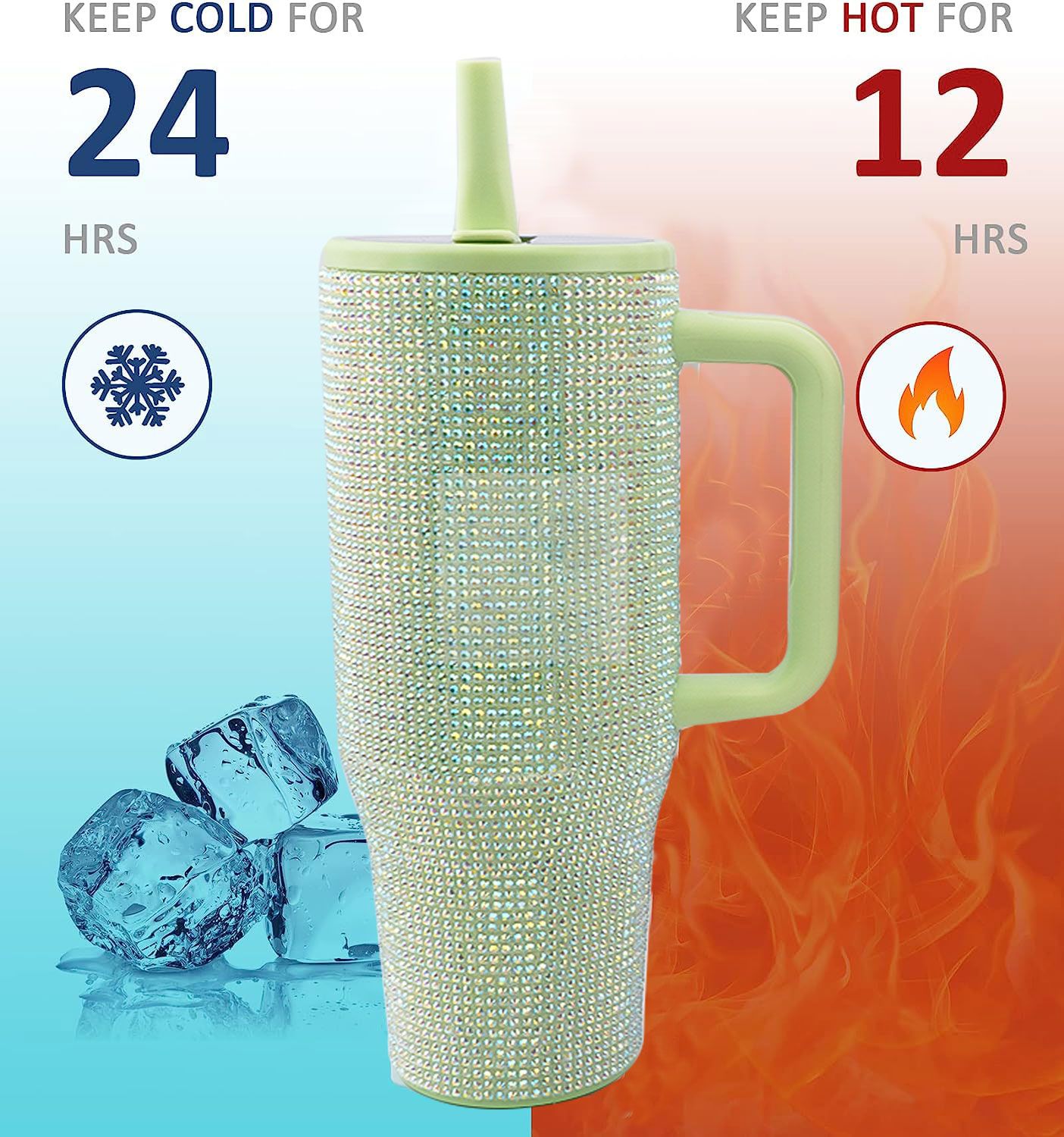 40 Oz Rhinestone Bling Tumbler Cup  with Handle and Straw, Stainless Steel and Double-Wall Insulated; Games, Sports, Competition, Practice, Work; Great for Coaches, Gifts