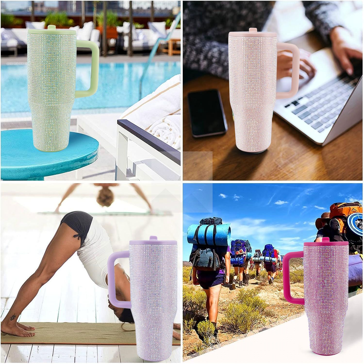 40 Oz Rhinestone Bling Tumbler Cup  with Handle and Straw, Stainless Steel and Double-Wall Insulated; Games, Sports, Competition, Practice, Work; Great for Coaches, Gifts