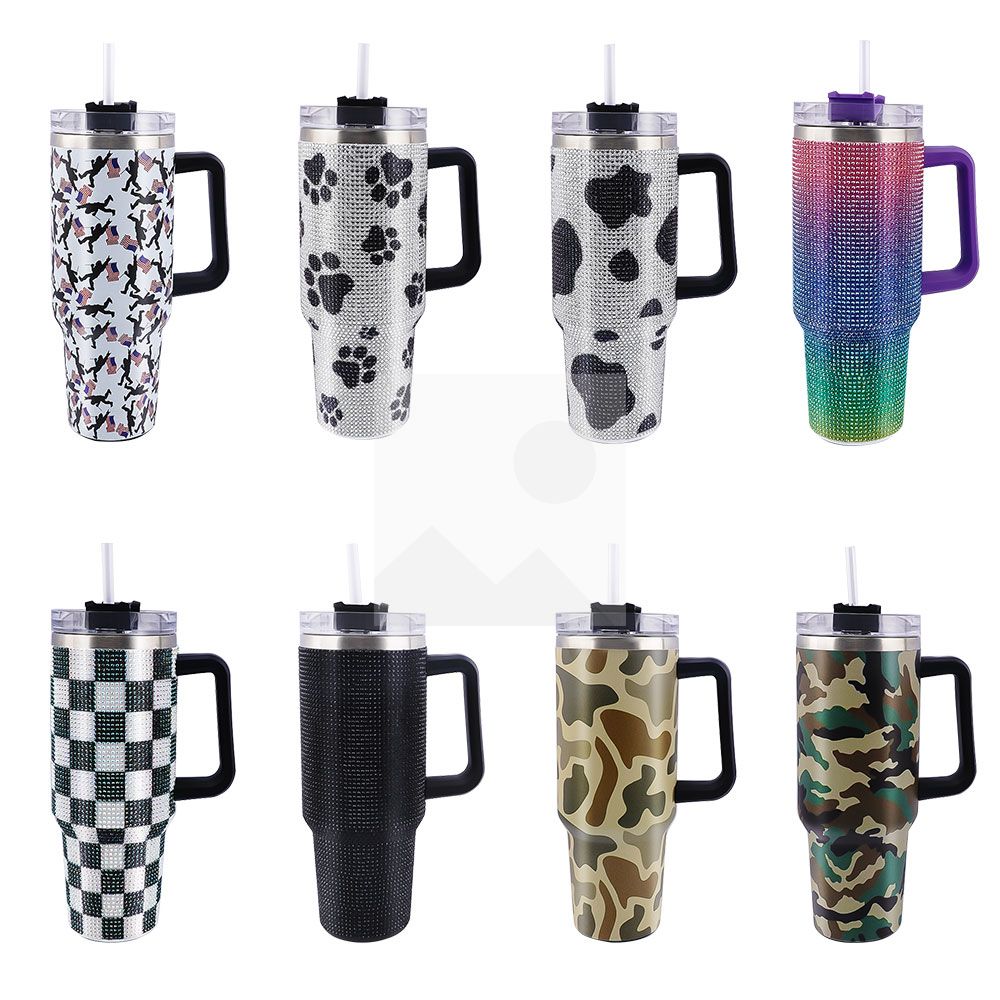 40 oz Tumbler custom camo pattern and Rhinestone Bling Tumbler party decorations food-grade leak-proof lid and blend handle