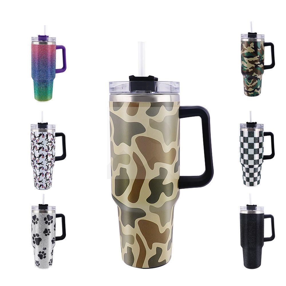 40 oz Tumbler custom camo pattern and Rhinestone Bling Tumbler party decorations food-grade leak-proof lid and blend handle