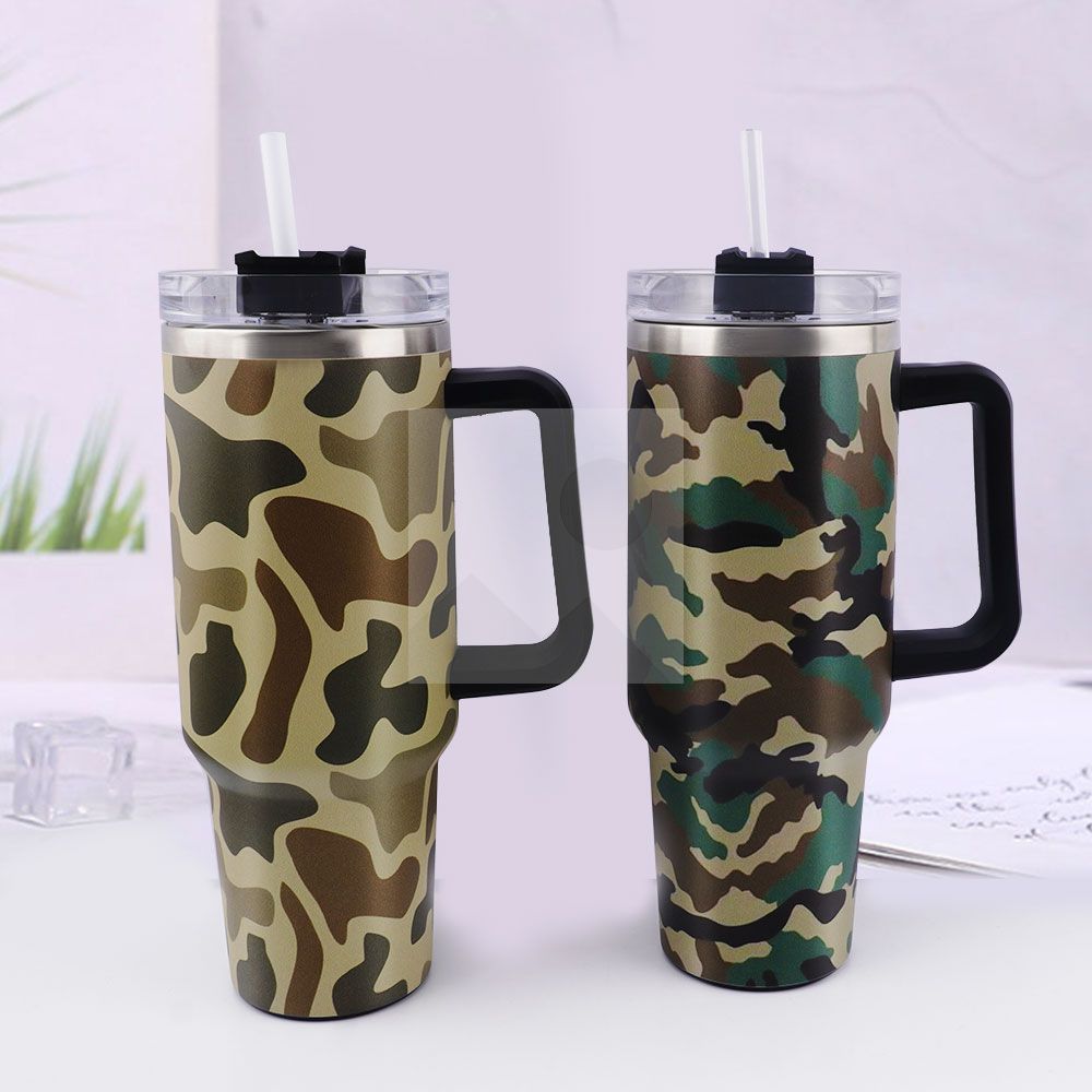 40 oz Tumbler custom camo pattern and Rhinestone Bling Tumbler party decorations food-grade leak-proof lid and blend handle