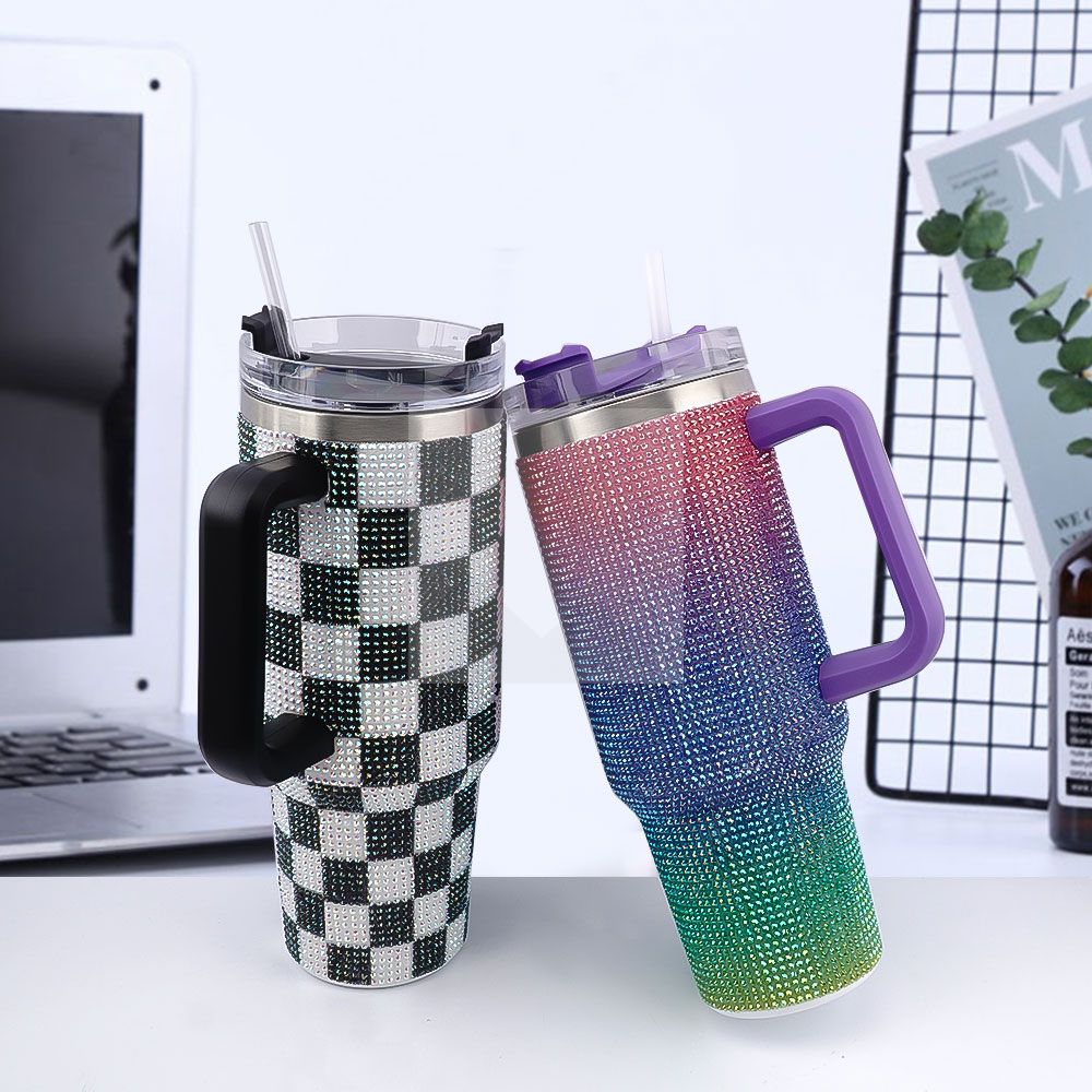 40 oz Tumbler custom camo pattern and Rhinestone Bling Tumbler party decorations food-grade leak-proof lid and blend handle