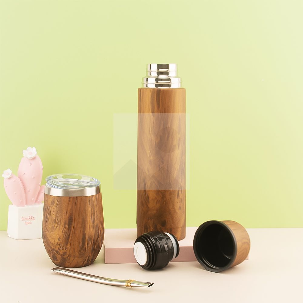 Argentina hot selling 1000ml yerba mate bottle 240ml mate cup set combination wood grain series can be customized