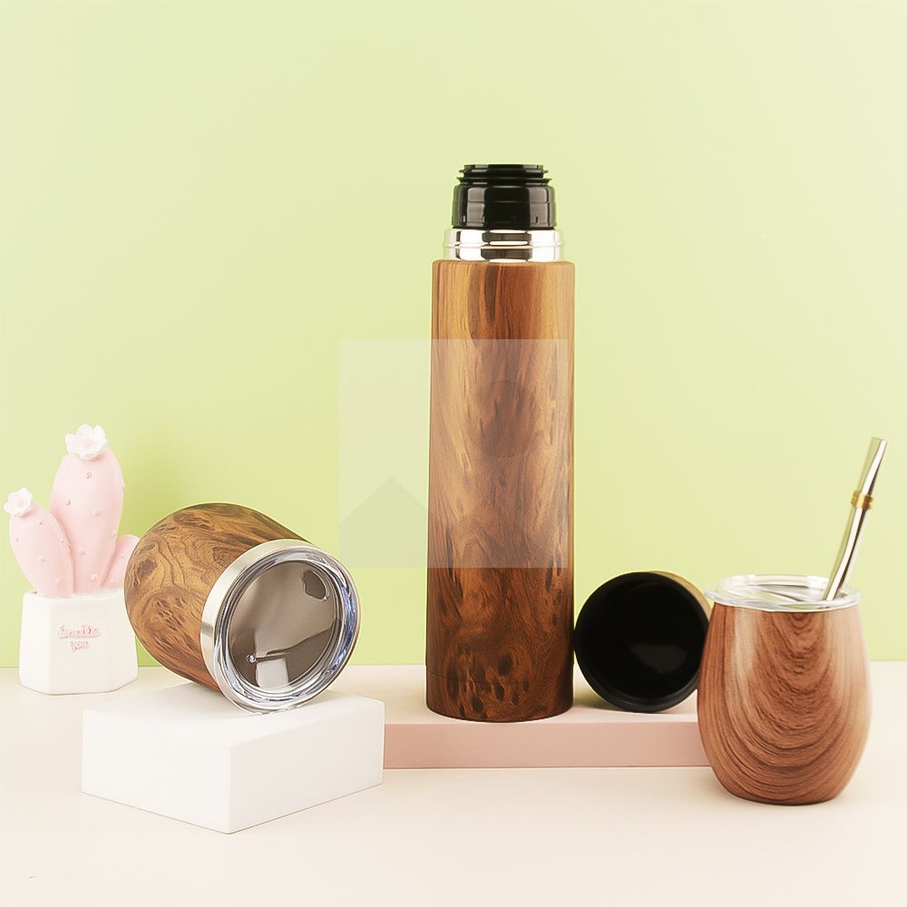 Argentina hot selling 1000ml yerba mate bottle 240ml mate cup set combination wood grain series can be customized