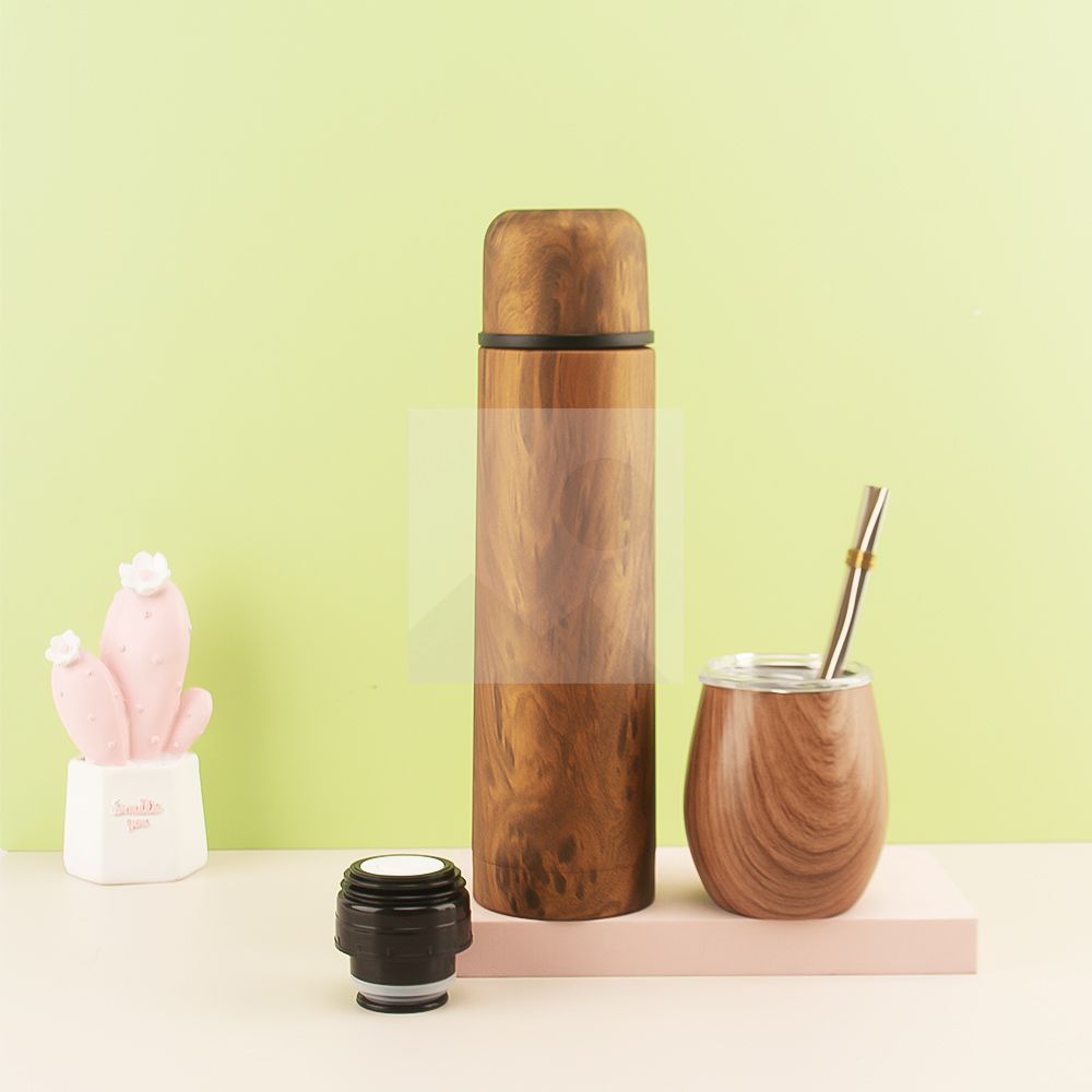 Argentina hot selling 1000ml yerba mate bottle 240ml mate cup set combination wood grain series can be customized