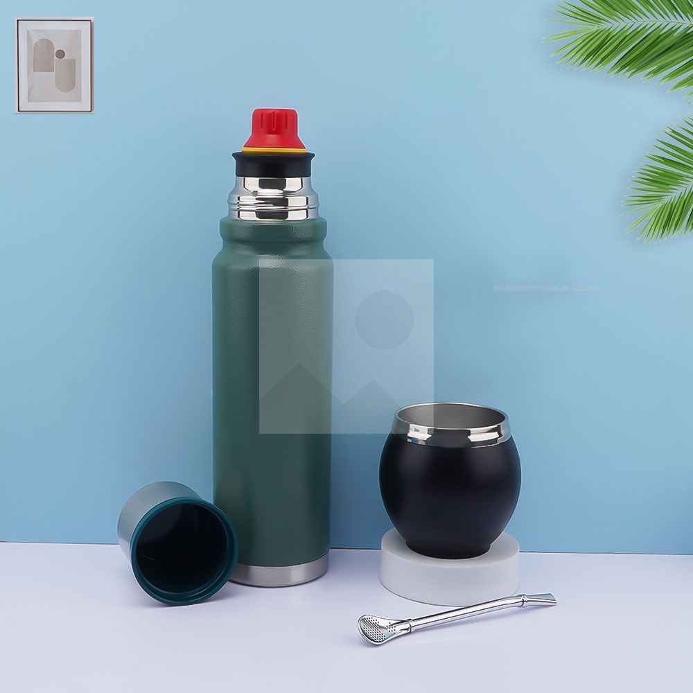 Double wall yerba mate Termo Vacuum stainless Steel insulated 1000ml travel outdoor hot water thermal flask with handle 8oz mate cup
