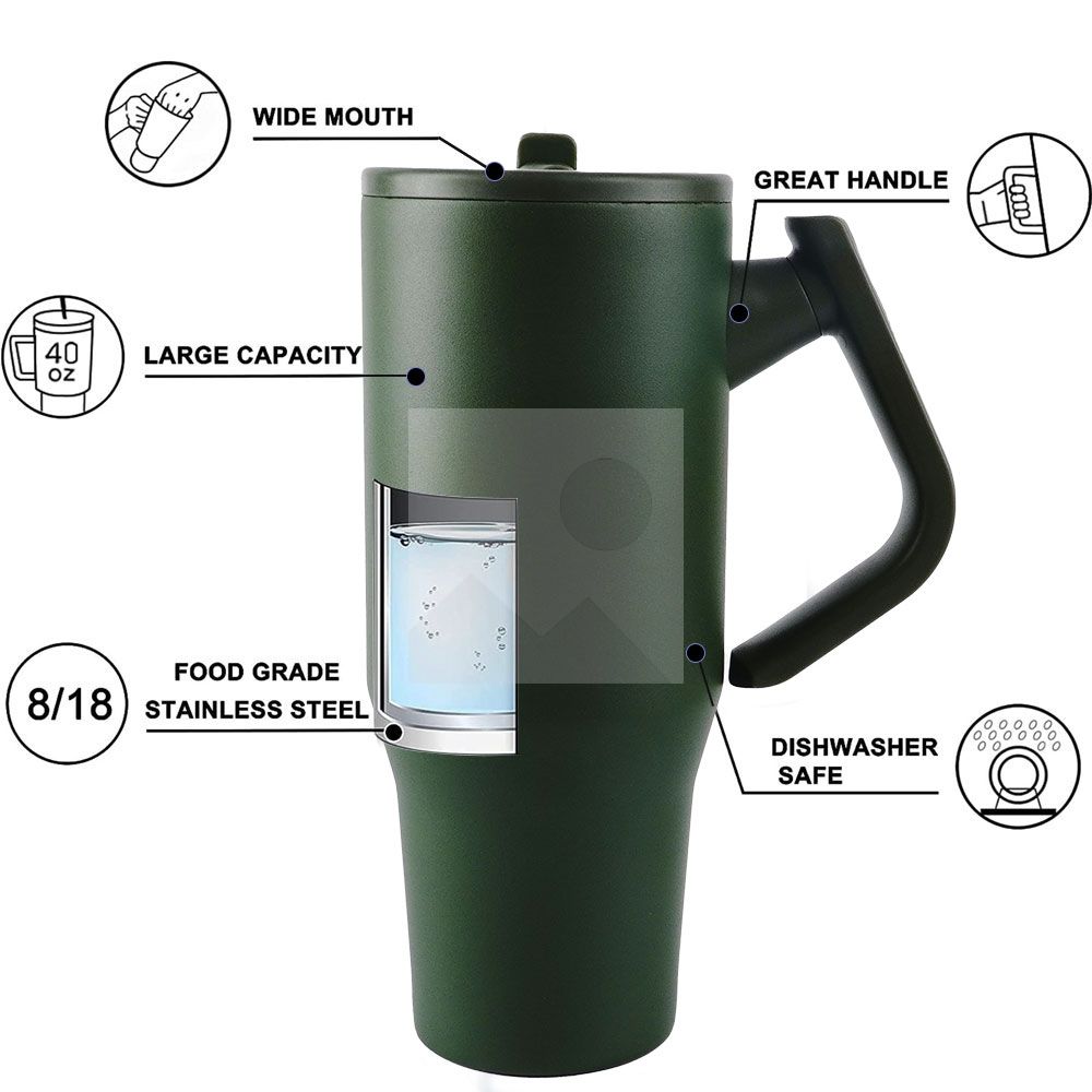 40oz Tumbler with 180° Rotated Handle & Flip Straw Triple Layer Vacuum Insulated Stainless Steel Cup Leak Resistant Water Bottle