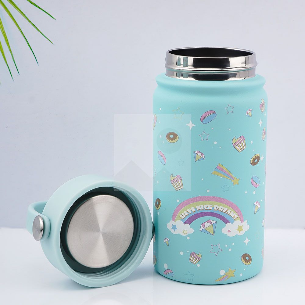Stock 500ml /350ml  wide mouth pot cute thermos with 3D Cartoon pattern with handle 12oz/170z Tumbler Travel bottle with Flip Lid