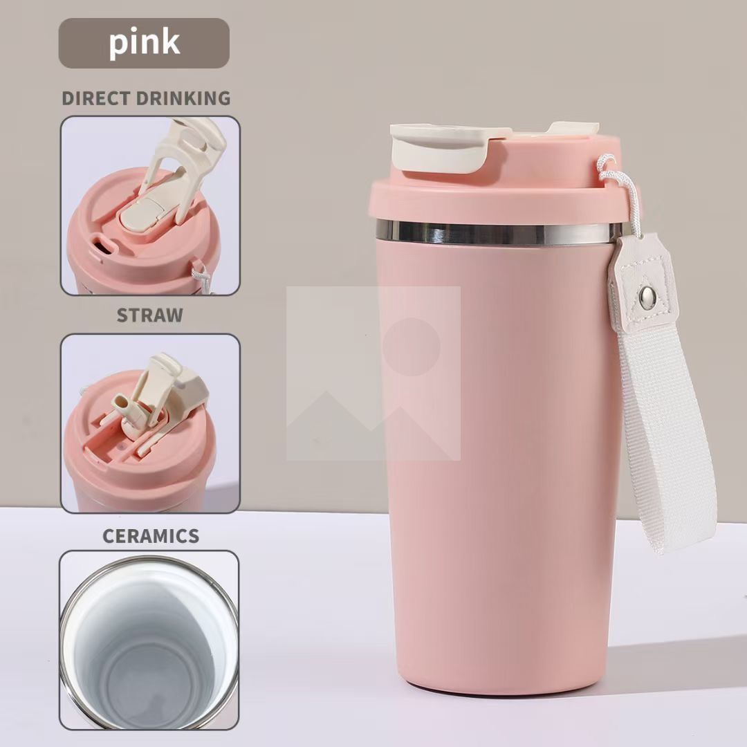 Factory wholesale mug 14.2oz/420ml Ceramic inner Insulated coffee travel mug with portable  Handle and double drinking screw lid