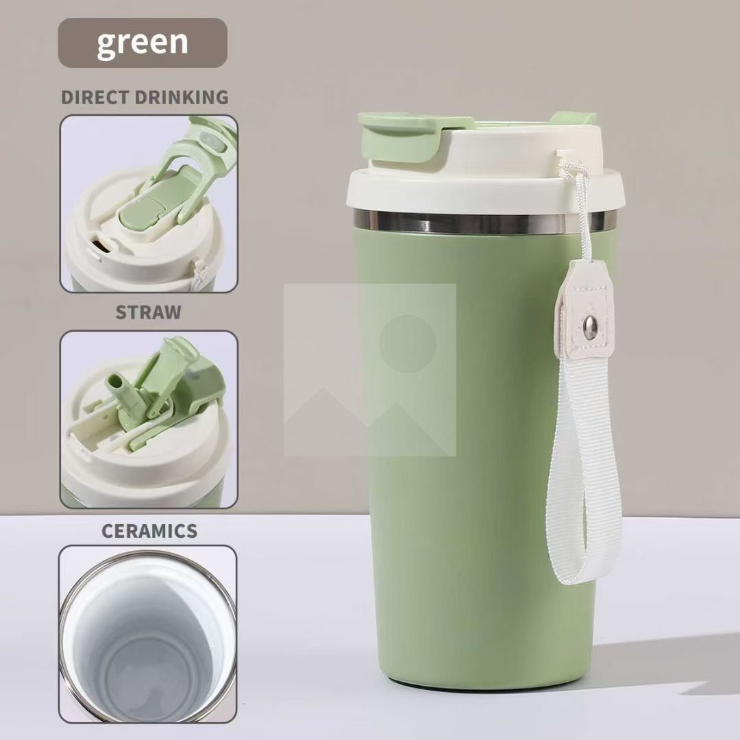 Factory wholesale mug 14.2oz/420ml Ceramic inner Insulated coffee travel mug with portable  Handle and double drinking screw lid
