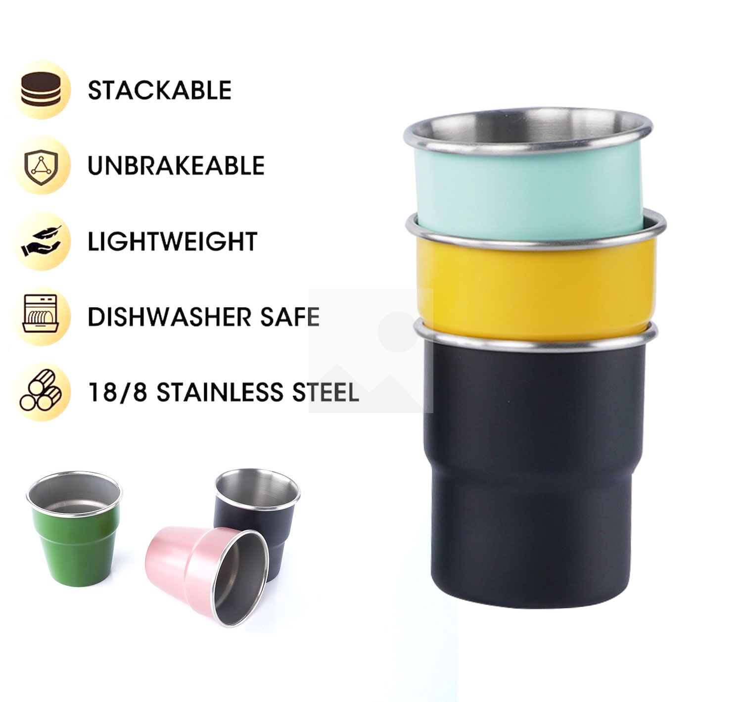 300ml Stainless Steel Cup - Reusable Metal Cups - Stackable Glasses - Camping, Hiking, Outdoor Activities, Party - Small Children Applicable - BPA Free