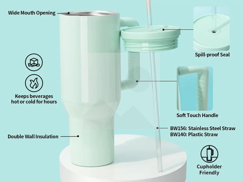 40oz/1200ml Stainless Steel Travel Tumbler with Soft Grip Handle & Straw