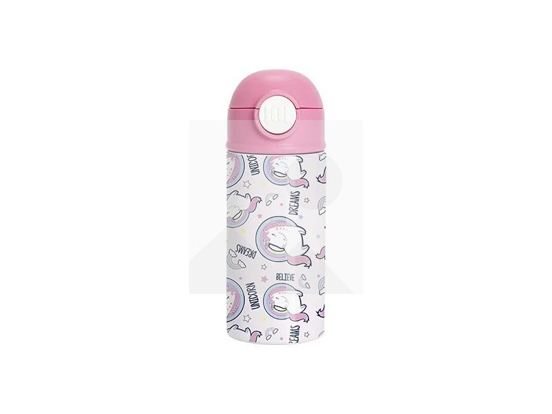 Sublimation 12oz/360ml Kids Stainless Steel Water Bottle With Plastic Straw & Black Cap